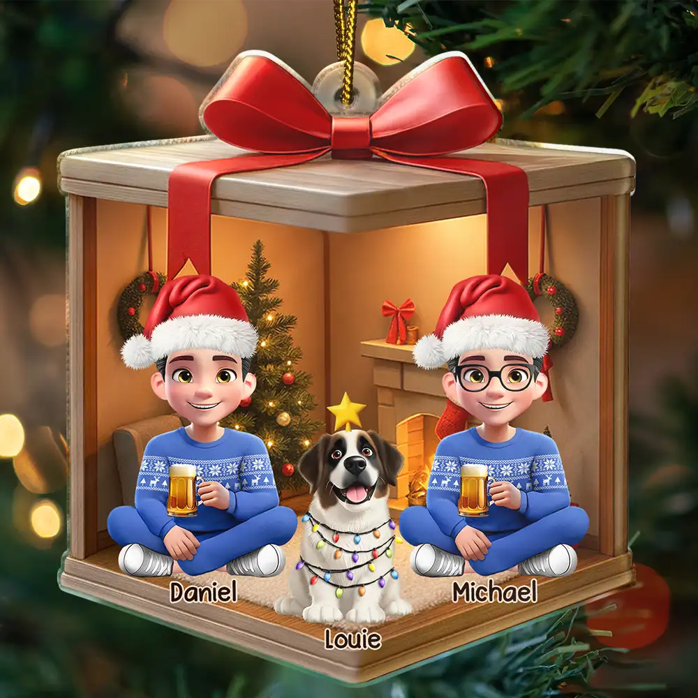 Family,Gift For Women,Gift For Men,Christmas,Happy,Dog Lovers,Dog Mom,Dog Dad,Dog Couple,Cat Lovers,Cat Mom,Cat Dad,Cat Couple,Pet Lovers,Pet Mom,Pet Dad,Pet Couple - Christmas Gift Box 3D Effect Family - Personalized Custom Shaped Acrylic Ornament