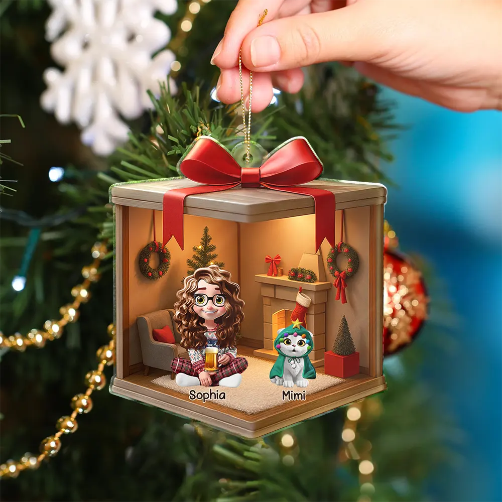 Family,Gift For Women,Gift For Men,Christmas,Happy,Dog Lovers,Dog Mom,Dog Dad,Dog Couple,Cat Lovers,Cat Mom,Cat Dad,Cat Couple,Pet Lovers,Pet Mom,Pet Dad,Pet Couple - Christmas Gift Box 3D Effect Family - Personalized Custom Shaped Acrylic Ornament