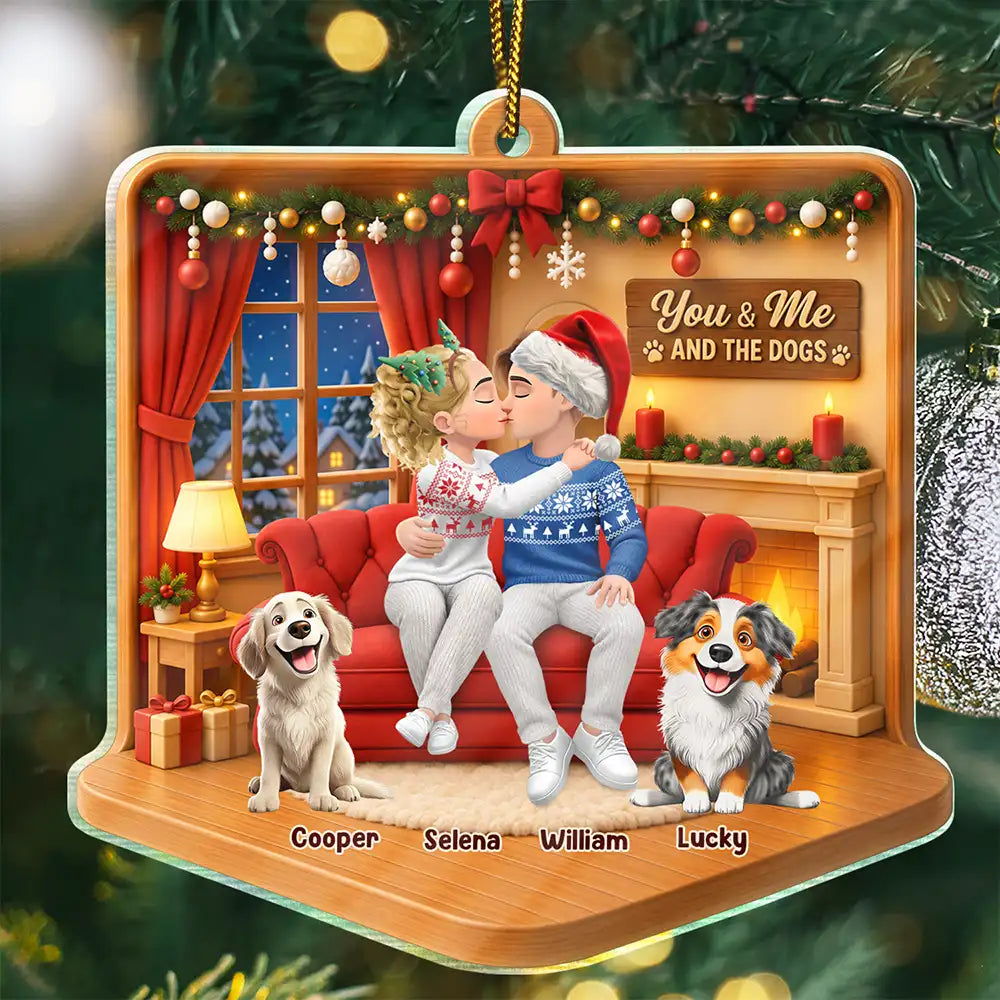 Christmas, Dog Couple, Dog Lovers, Gift For Couples, Pet Lovers, Romantic, Vector - Christmas Gift For Couples With Dogs - Personalized Diorama Style Acrylic Ornament