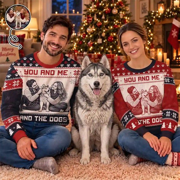 Art Design,Christmas,Custom Photo,Gift For Couples,Pet Couple,Pet Lovers,Photo -  Knit-Style Line Art,Romantic - Christmas Gift For Pet Couples - Personalized Custom Photo You And Me And The Dogs Unisex Ugly Sweater