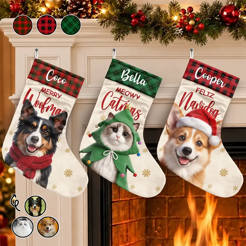 Christmas Gift For Pet Lovers Family - Personalized Custom Photo Snowflake Dog Cat Photo Fireplace Decoration Christmas Stocking
