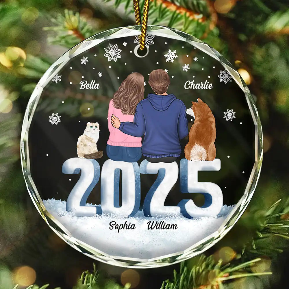 Christmas Loving Couple Dog Cat - Personalized Circle Glass Ornament