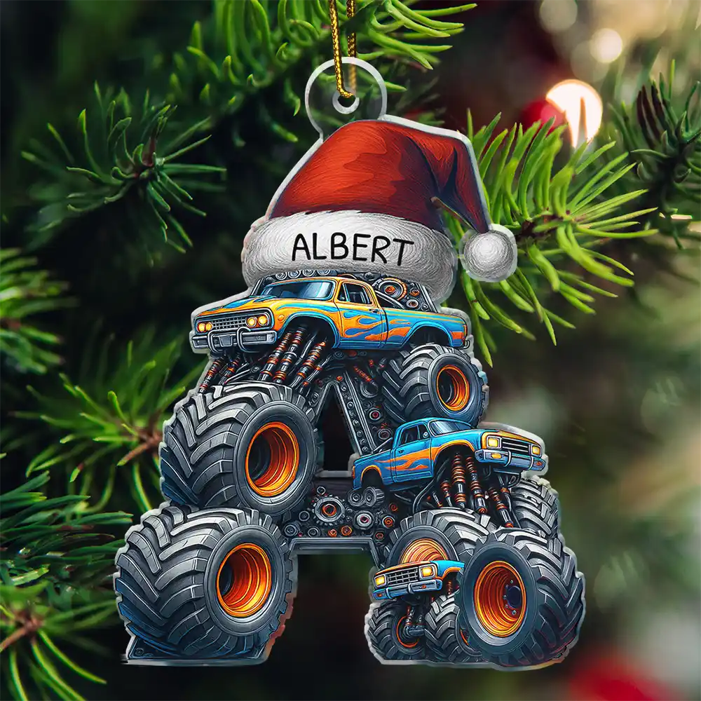 Gift For Kids, Gift For Grandkids, Photo Hobby Ornament, Custom Photo, Funny, Christmas - Christmas Monster Truck Monogram For Kid - Personalized Custom Shaped Acrylic Ornament