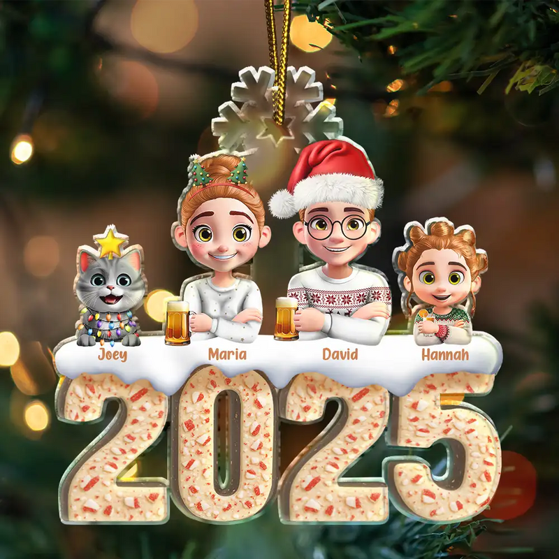Family, Pet Lovers, Happy, Christmas - Christmas Peppermint Bark 3D Effect Family And Pet - Personalized Custom Shaped Acrylic Ornament
