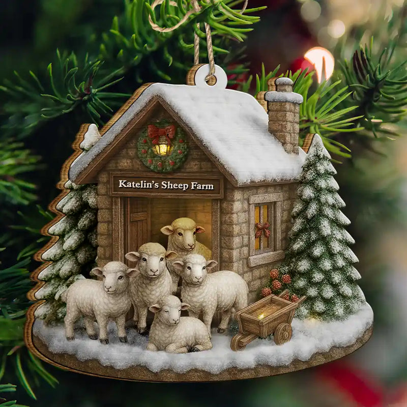 Gift For Yourself,Gift For Women,Gift For Men,Happy,Christmas,Farm - Christmas Sheep Farm - Personalized Custom Shaped Wooden Ornament