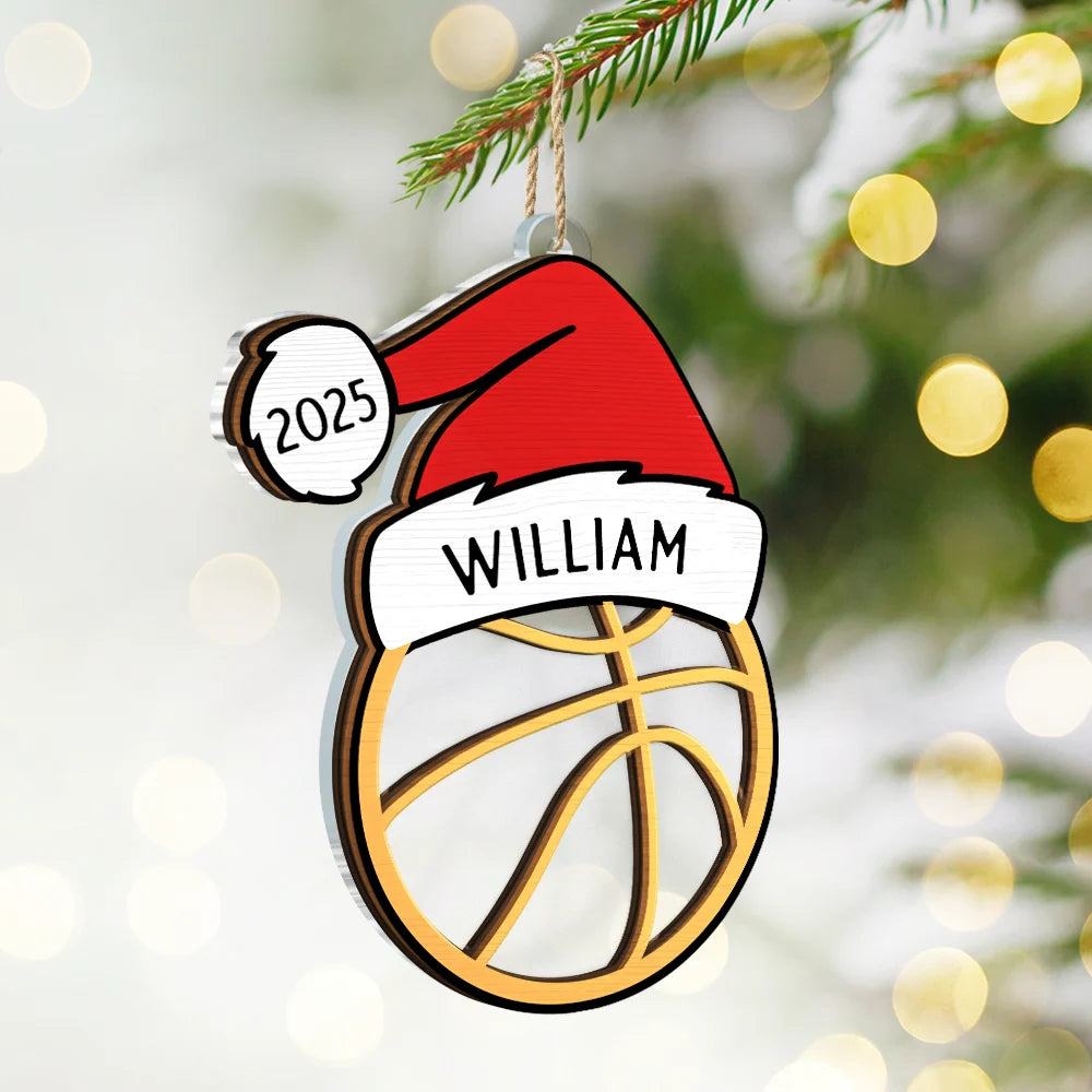 Gift For Kids, Happy, Christmas, Baseball, Softball, Basketball, Football - Christmas Sport Ball Santa Hat Custom Name - Personalized 2-Layered Mix Ornament