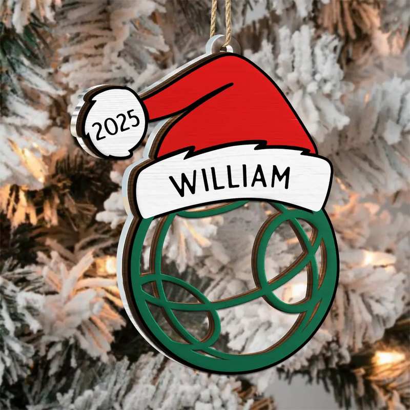 Gift For Kids, Happy, Christmas, Baseball, Softball, Basketball, Football - Christmas Sport Ball Santa Hat Custom Name - Personalized 2-Layered Mix Ornament