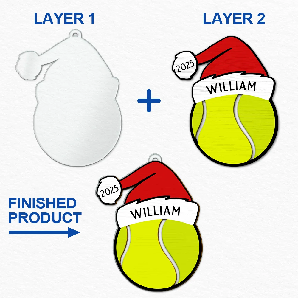 Gift For Kids, Happy, Christmas, Baseball, Softball, Basketball, Football - Christmas Sport Ball Santa Hat Custom Name - Personalized 2-Layered Mix Ornament