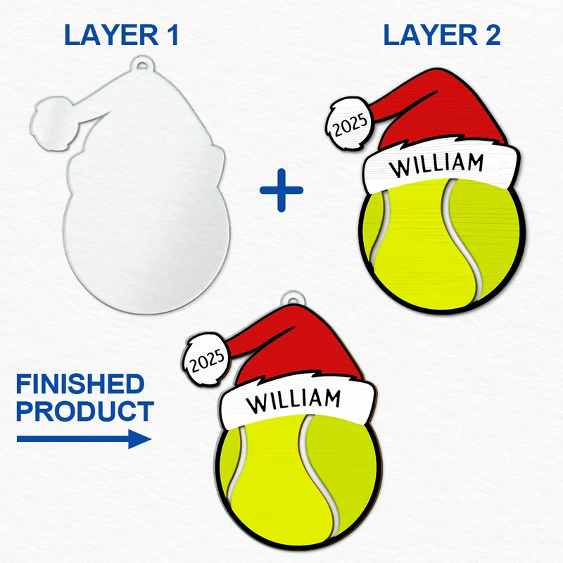 Gift For Kids, Happy, Christmas, Baseball, Softball, Basketball, Football - Christmas Sport Ball Santa Hat Custom Name - Personalized 2-Layered Mix Ornament