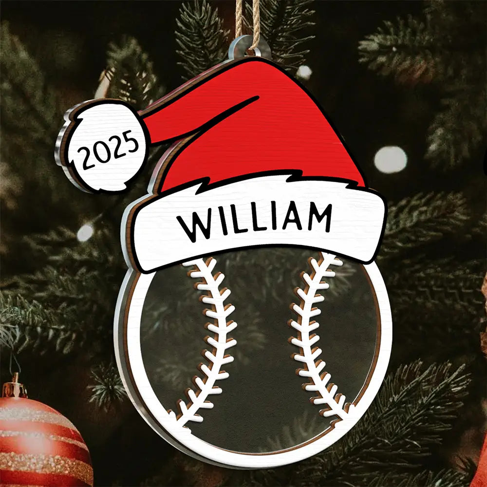 Gift For Kids, Happy, Christmas, Baseball, Softball, Basketball, Football - Christmas Sport Ball Santa Hat Custom Name - Personalized 2-Layered Mix Ornament