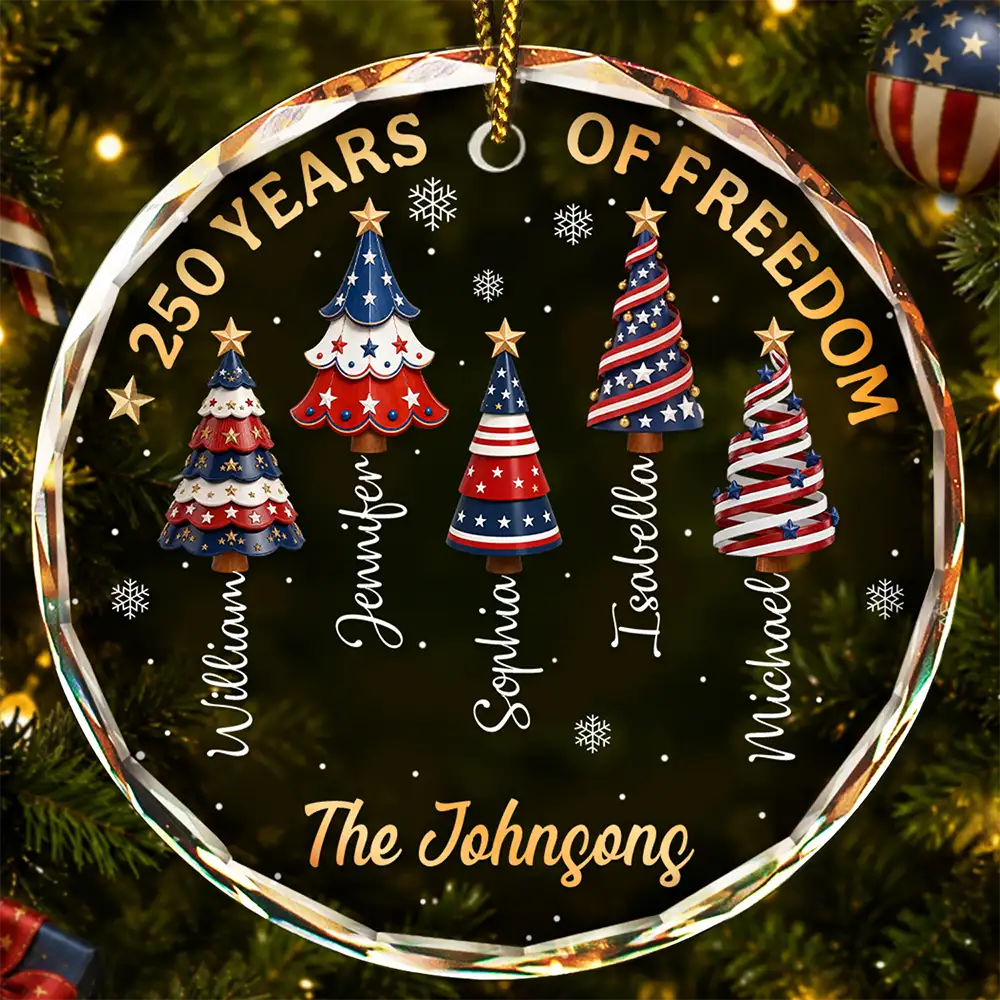 Independence Day, America 250th, Christmas, Proud, Family, Icon - Christmas Tree 250 Years Of Freedom - Personalized Circle Glass Ornament