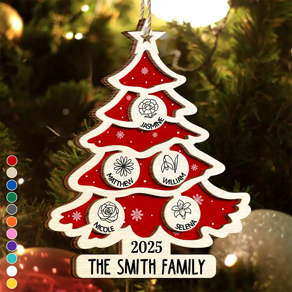 Christmas Tree Birth Flower Family - Personalized 2-Layered Wooden Ornament