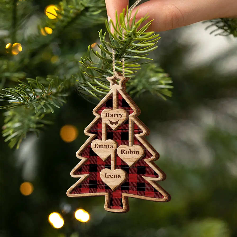 Christmas,Happy,Family - Christmas Tree Hearts With Names - Personalized 2-Layered Wooden Ornament