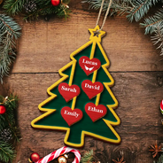 Christmas,Happy,Family - Christmas Tree Hearts With Names - Personalized 2-Layered Wooden Ornament