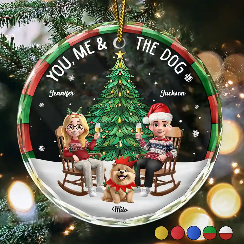 Christmas Tree You Me And The Dog - Personalized Circle Glass Ornament