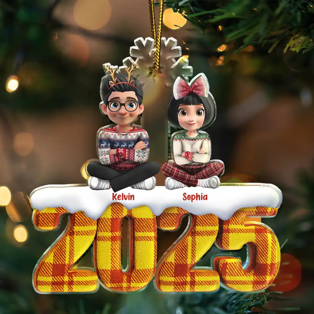 Family,Happy,Christmas - Christmas Upholstery Tartan Plaid Pattern Family 3D Effect - Personalized Custom Shaped Acrylic Ornament