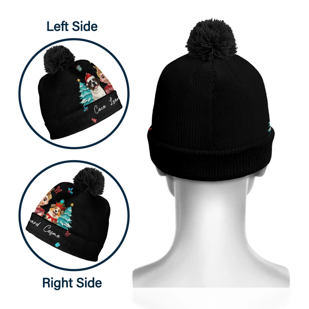 Pet Lovers,Pet Mom,Pet Dad,Happy,Dog Lovers,Dog Mom,Dog Dad - Christmas Woman Man And Dogs 3D Effect - Personalized Bobble Beanie Hat