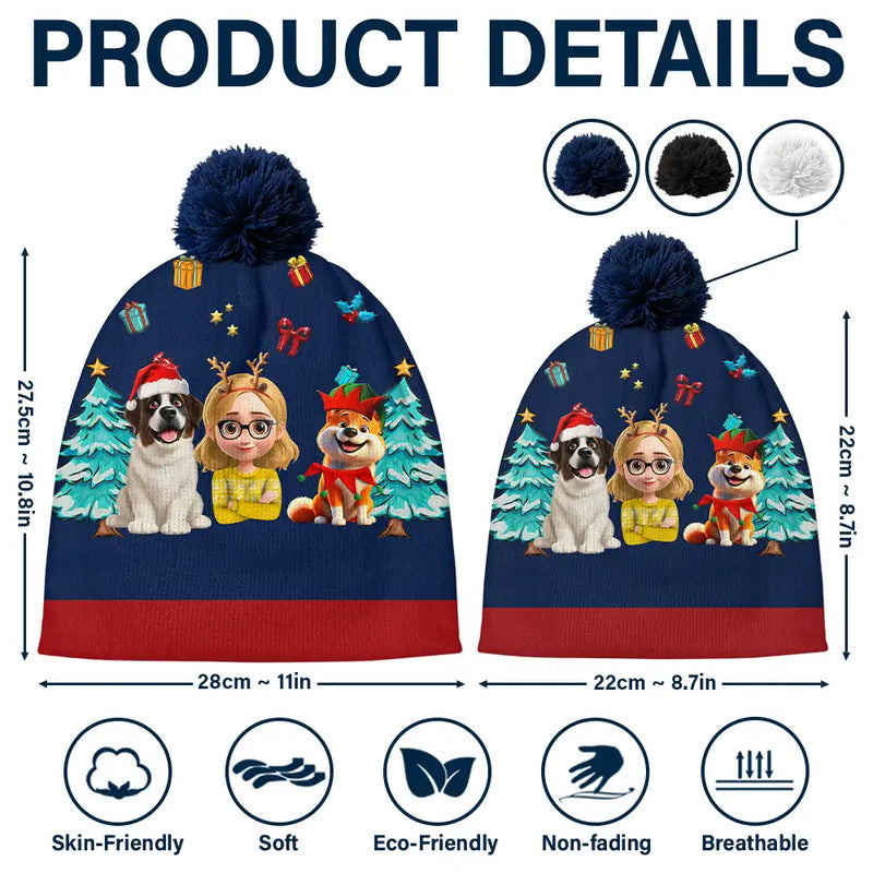 Pet Lovers,Pet Mom,Pet Dad,Happy,Dog Lovers,Dog Mom,Dog Dad - Christmas Woman Man And Dogs 3D Effect - Personalized Bobble Beanie Hat