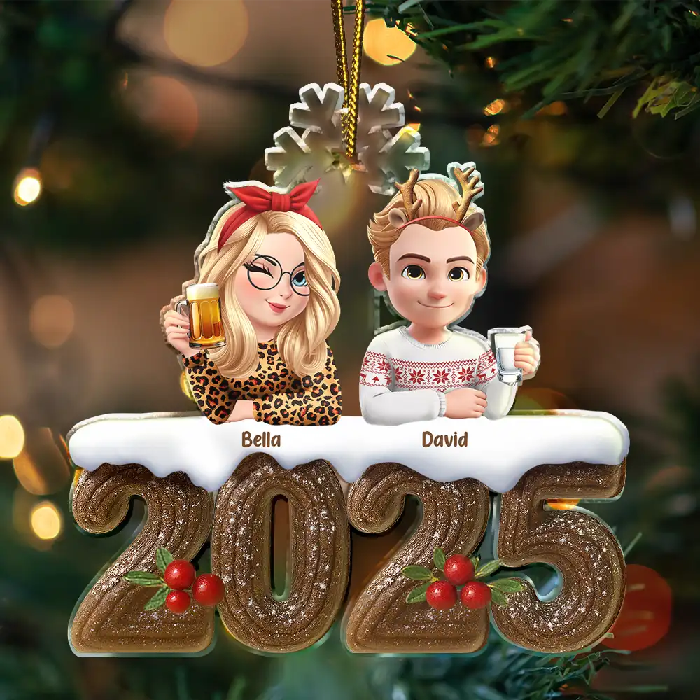 Family, Pet Lovers, Happy, Christmas - Christmas Yule Log Buche De Noel 3D Effect Couple Sibling Dog Cat - Personalized Custom Shaped Acrylic Ornament