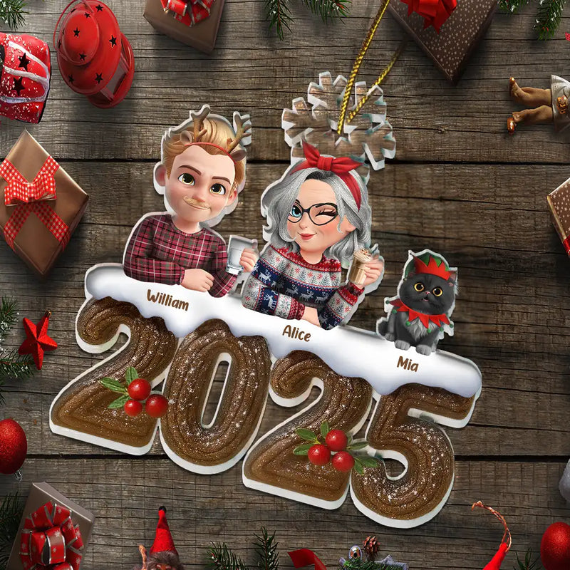 Family, Pet Lovers, Happy, Christmas - Christmas Yule Log Buche De Noel 3D Effect Couple Sibling Dog Cat - Personalized Custom Shaped Acrylic Ornament