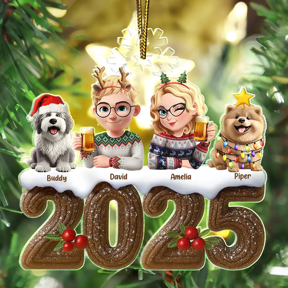 Christmas Yule Log Buche De Noel 3D Effect Couple Sibling Dog Cat - Personalized Custom Shaped Acrylic Ornament