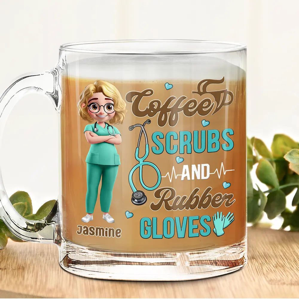 Coffee Scrubs And Rubber Gloves - Personalized Glass Mug