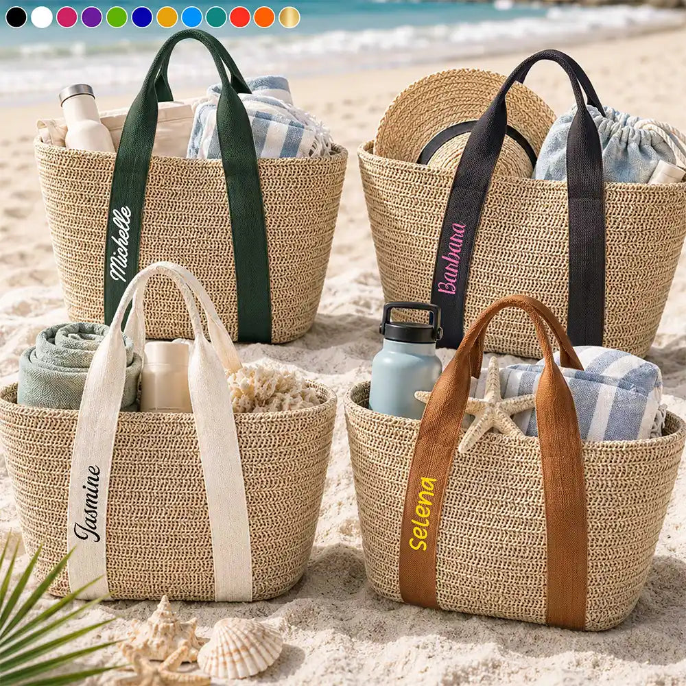 Colorful Name In Style - Personalized Straw Beach Bag