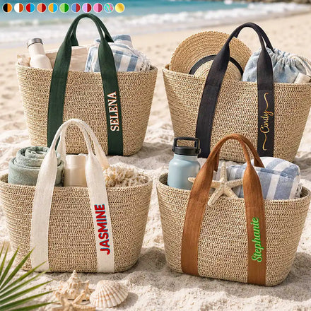 Colorful Name In Style - Personalized Straw Beach Bag