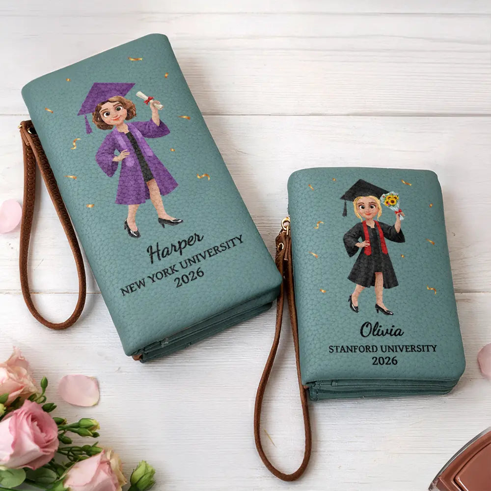 Gift For Women,Graduation,Happy - Congrats Graduate - Personalized Tri-Fold PU Leather Wristlet Wallet