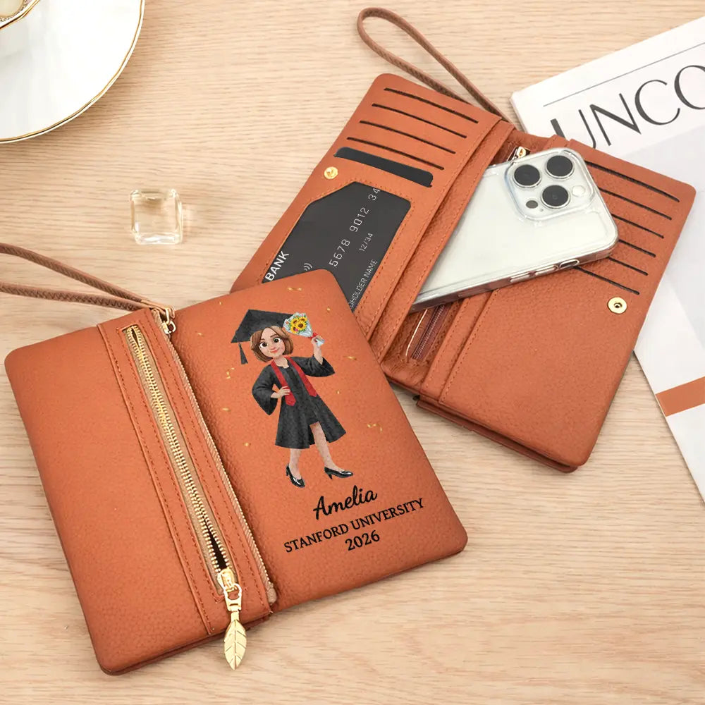 Gift For Women,Graduation,Happy - Congrats Graduate - Personalized Tri-Fold PU Leather Wristlet Wallet