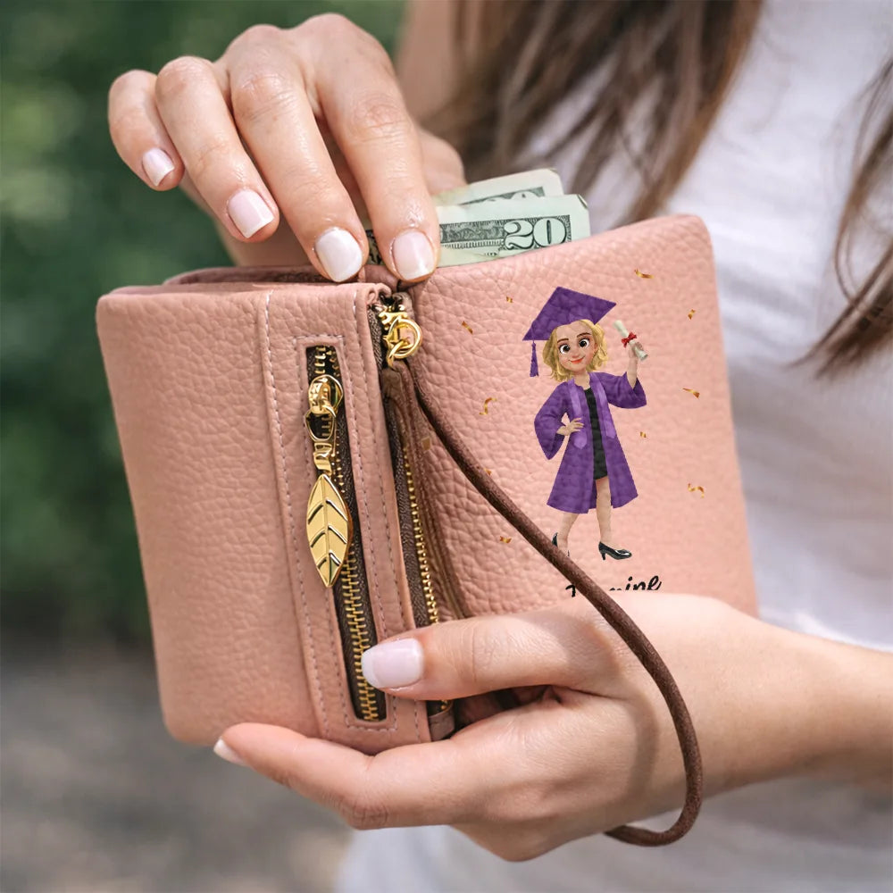 Gift For Women,Graduation,Happy - Congrats Graduate - Personalized Tri-Fold PU Leather Wristlet Wallet