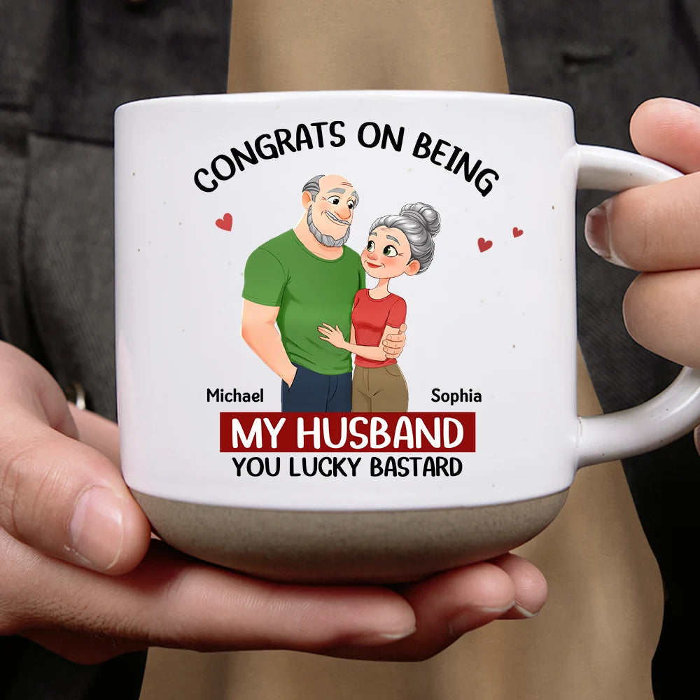 Gift For Couples,Gift For Wife,Gift For Girlfriend,Gift For Women,Funny,Old Couples,Gift For Boyfriend - Congrats On Being My Husband Animate Hugging Couple - Personalized Pottery Mug