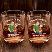 Gift For Couples, Old Couples, Funny, Gift For Husband, Gift For Wife - Congrats On Being My Husband Animate Hugging Couple - Personalized Whiskey Glass