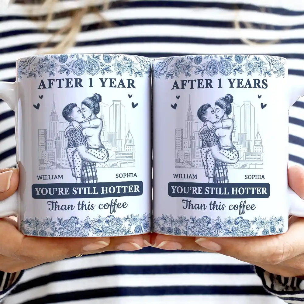 Gift For Couples, Gift For Husband, Gift For Wife, Gift For Boyfriend, Gift For Girlfriend, Happy - Couple Hotter Than This Coffee Toile De Jouy Pattern - Personalized White Edge-to-Edge Mug