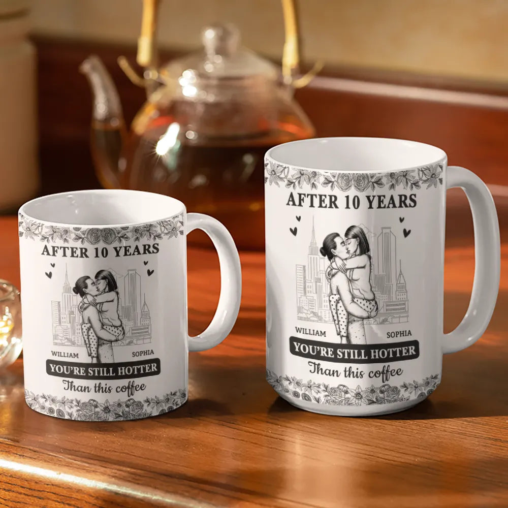 Gift For Couples, Gift For Husband, Gift For Wife, Gift For Boyfriend, Gift For Girlfriend, Happy - Couple Hotter Than This Coffee Toile De Jouy Pattern - Personalized White Edge-to-Edge Mug