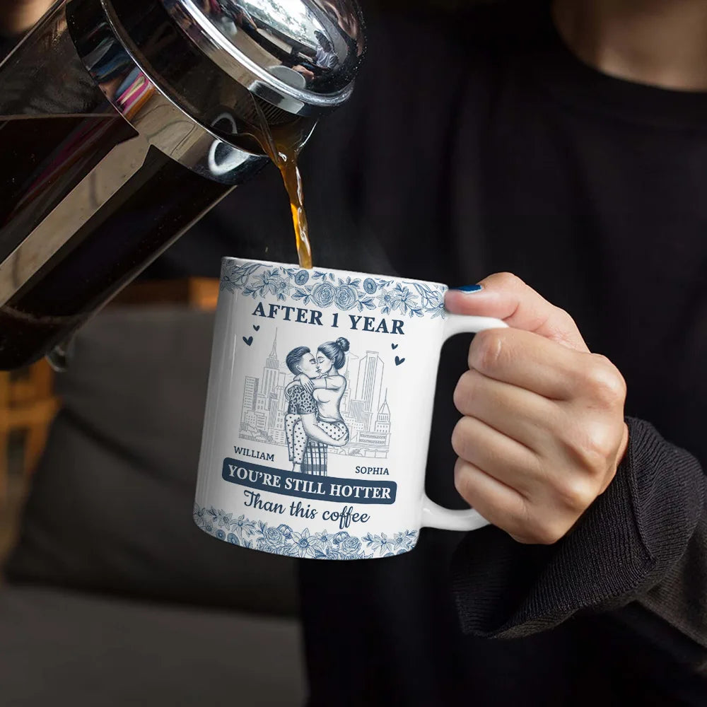 Gift For Couples, Gift For Husband, Gift For Wife, Gift For Boyfriend, Gift For Girlfriend, Happy - Couple Hotter Than This Coffee Toile De Jouy Pattern - Personalized White Edge-to-Edge Mug