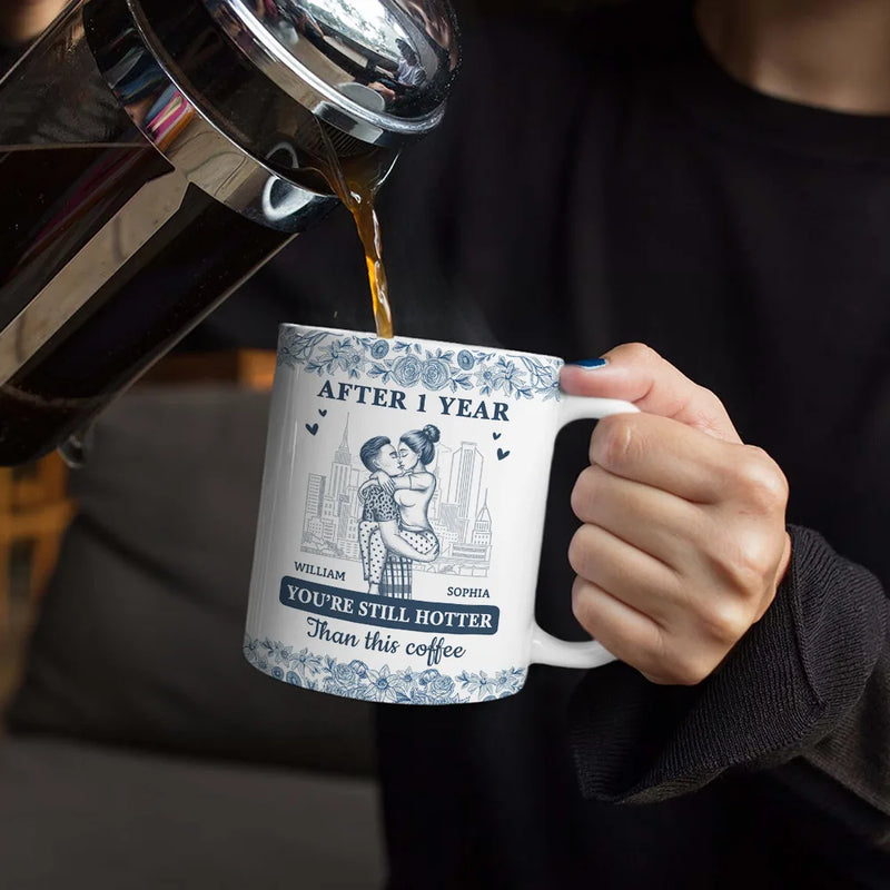 Gift For Couples, Gift For Husband, Gift For Wife, Gift For Boyfriend, Gift For Girlfriend, Happy - Couple Hotter Than This Coffee Toile De Jouy Pattern - Personalized White Edge-to-Edge Mug
