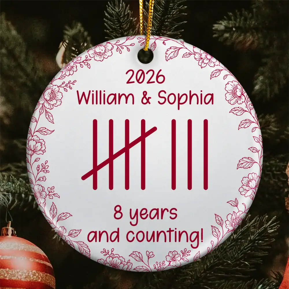 Anniversary,Christmas,Romantic,Gift For Couples,Icon - Couple Anniversary Gift Tally Mark - Personalized Circle Ceramic Ornament