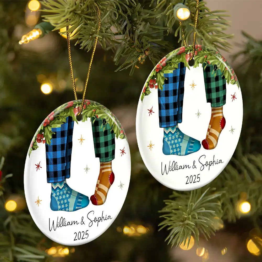Love, Christmas, Gift For Wife, Gift For Husband, Gift For Couples - Couple Christmas Socks - Personalized Circle Ceramic Ornament
