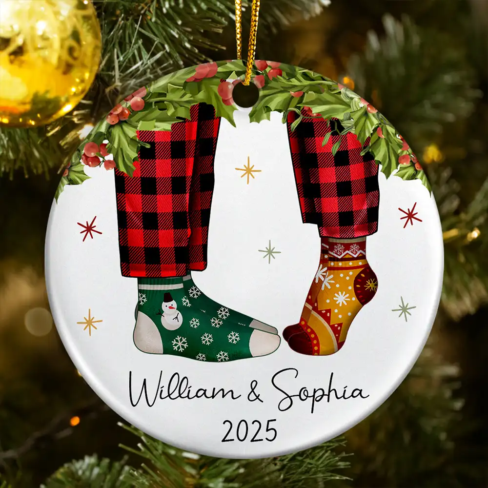 Couple Christmas Socks - Personalized Circle Ceramic Ornament