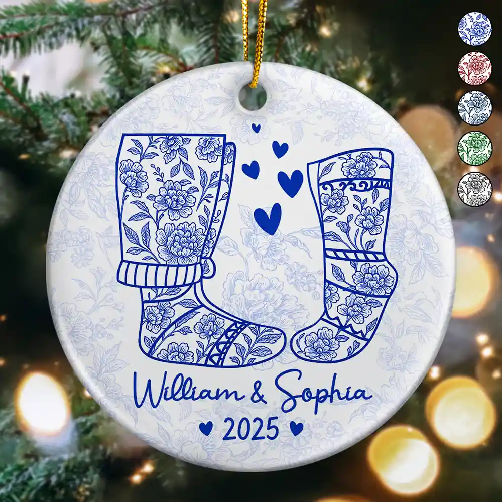 Couple Christmas Socks Toile - Personalized Circle Ceramic Ornament