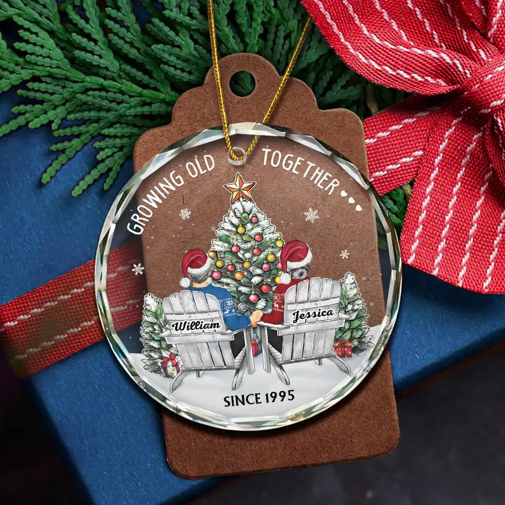 Christmas,Gift For Couples,Old Couples,Gift For Husband,Gift For Wife,Happy - Couple Growing Old Together Since - Personalized Circle Glass Ornament