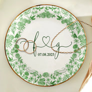 Gift For Couples, Gift For Wife, Gift For Girlfriend, Happy - Couple Initial Names Engaged Married Toile De Jouy Pattern - Personalized Round Ring Dish