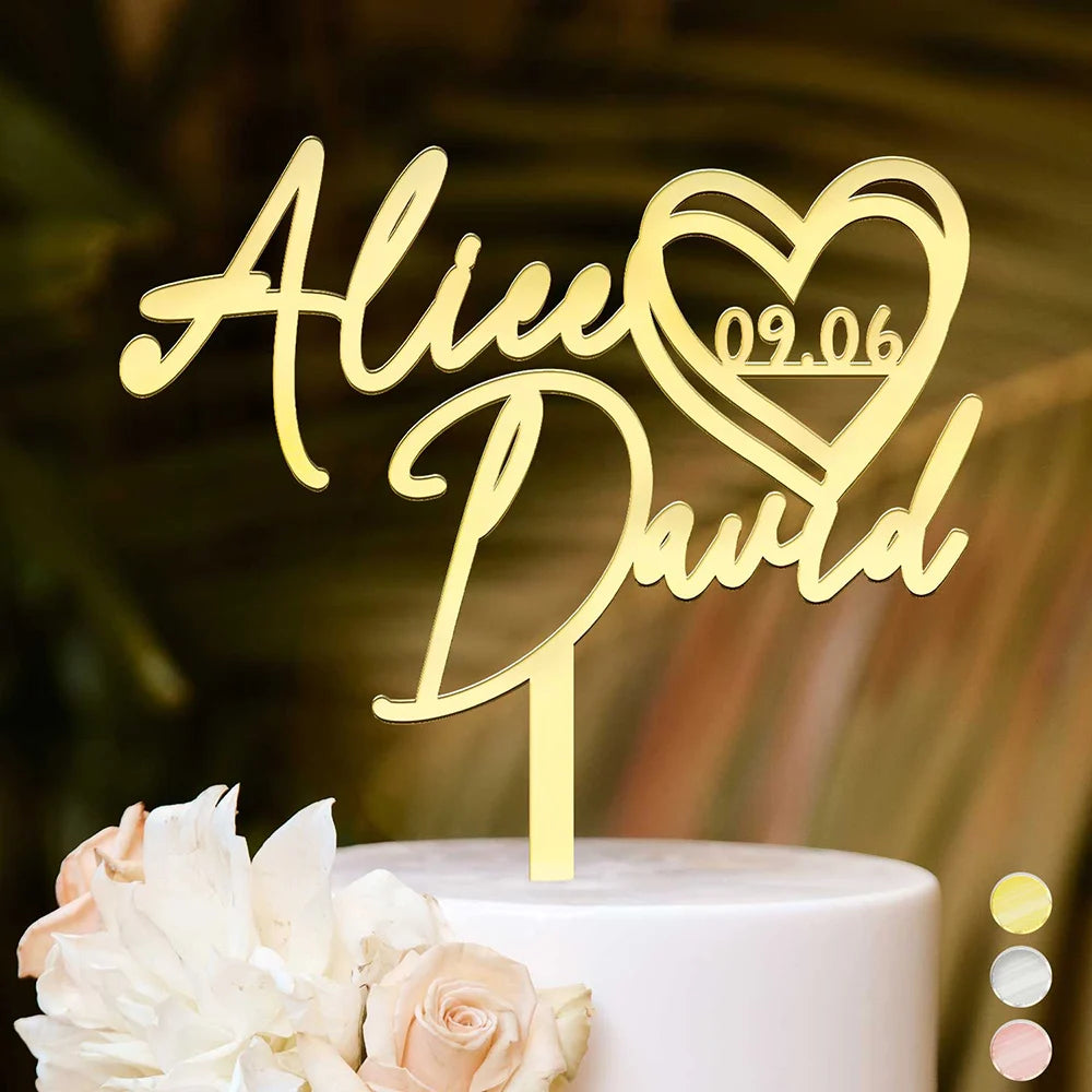 Couple Name With Heart Anniversary Wedding Date - Personalized Cake Topper