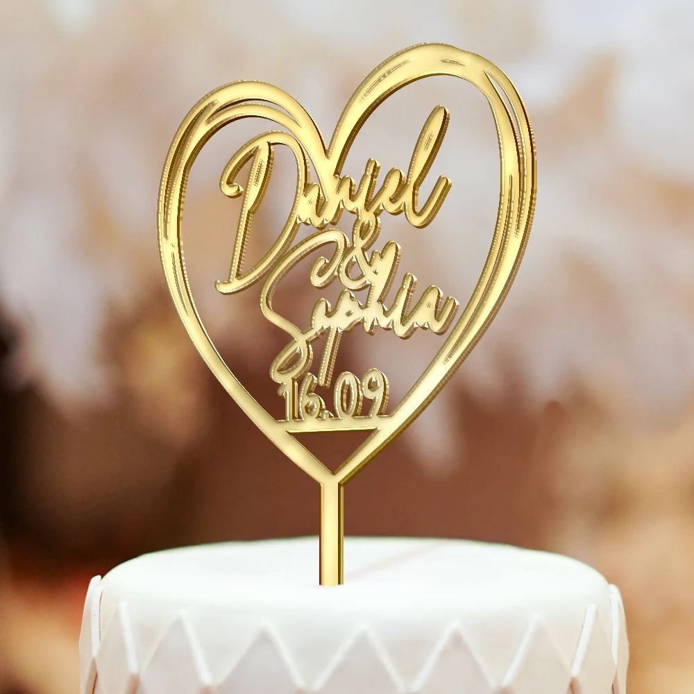 Wedding Anniversary, Gift For Couples, Gift For Husband, Gift For Wife, Gift For Boyfriend, Gift For Girlfriend, Happy - Couple Name With Heart Anniversary Wedding Date - Personalized Cake Topper