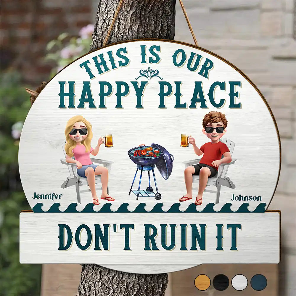 Couple Patio Poolside This Is Our Happy Place - Personalized Custom Shaped Wood Sign