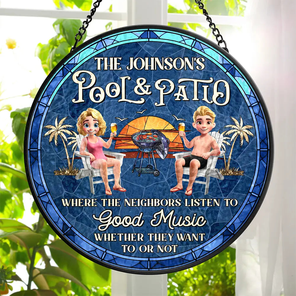 Gift For Couples,Gift For Husband,Gift For Wife,Patio,Poolside,Happy - Couple Pool & Patio Sipping Chilling - Personalized Stained Glass Window Hanging Suncatcher