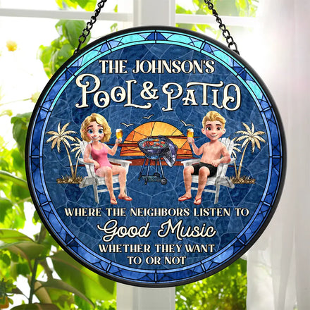 Couple Pool & Patio Sipping Chilling - Personalized Stained Glass Window Hanging Suncatcher