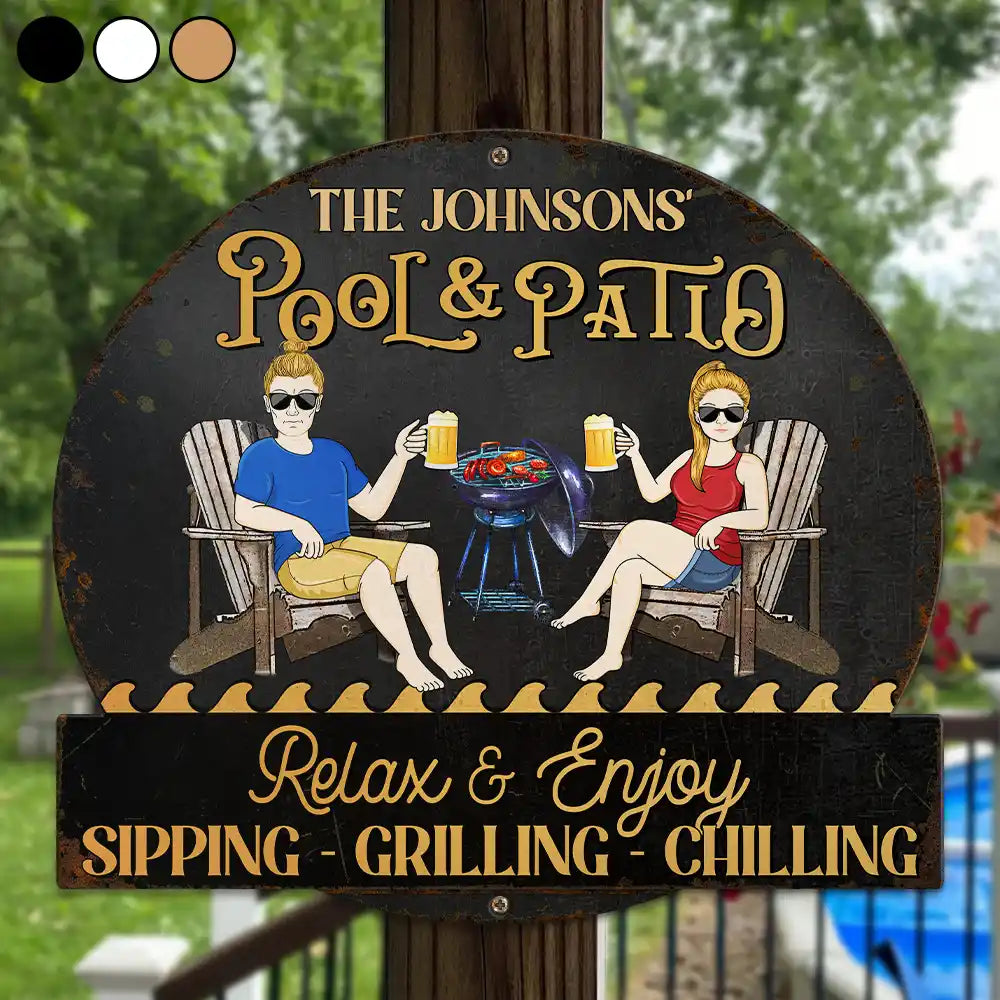 Gift For Couples, Gift For Husband, Gift For Wife, Gift For Boyfriend, Gift For Girlfriend, Poolside, Patio, Happy - Couple Pool & Patio Sipping Chilling - Personalized Custom Shaped Metal Sign