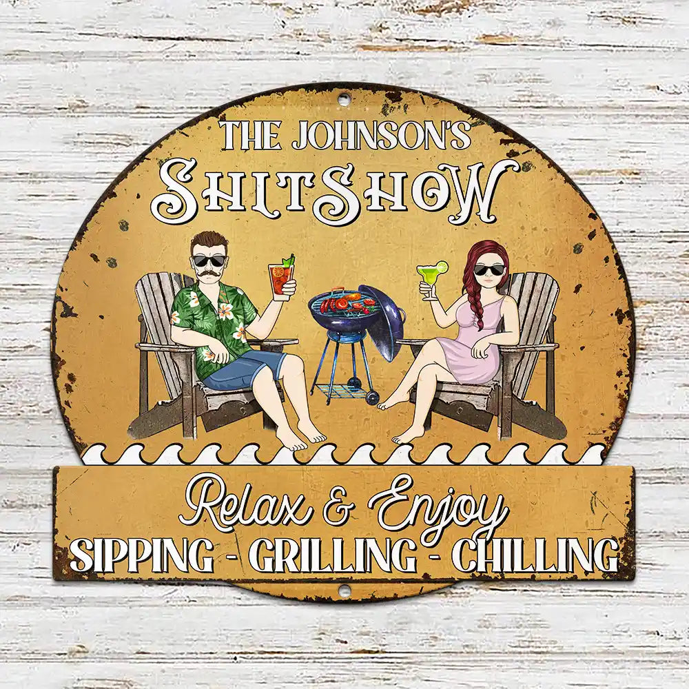 Gift For Couples,Gift For Husband,Gift For Wife,Gift For Boyfriend,Gift For Girlfriend,Patio,Grilling,Happy,Non-Eng,Vector - Couple Outdoor Decor Relax & Enjoy - Personalised Custom Shaped Metal Sign
